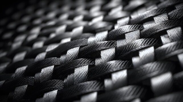 黒い編み込み繊維素材の立体的な織り目と質感のマクロBlack woven fiber material with detailed weave pattern macro texture
