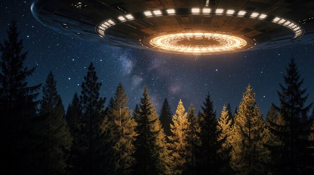 Closeup underside of glowing UFO hovering above dark pine forest at night. Large metallic flying saucer with bright lights descends from starry sky. Mysterious extraterrestrial spacecraft illuminates