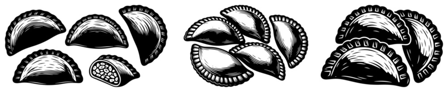 Traditional Dumplings Pierogi and Empanadas Vintage Engraved Vector Illustration