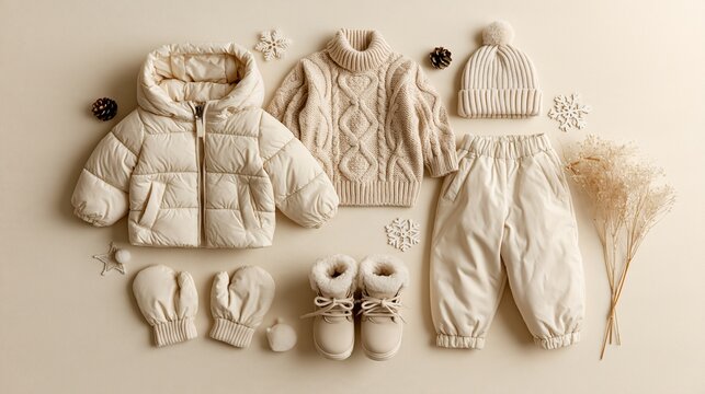 Toddler winter fashion outfit arranged as flat lay on soft cream background with accessories and clothing items Generative AI