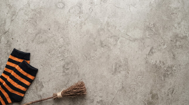 Halloween background concept with orange black striped witch socks and small broom on grey concrete surface, flat lay top view with copy space.