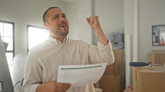 Man reading shipping document with fist raised among packed cardboard boxes and packing rolls in a studio; moving day satisfaction.