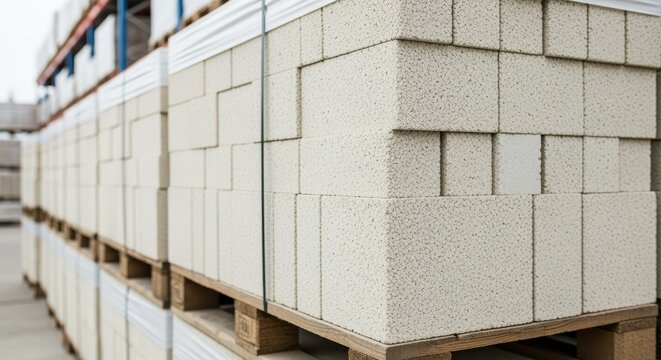 Aerated concrete blocks neatly stacked on wooden pallets in warehouse