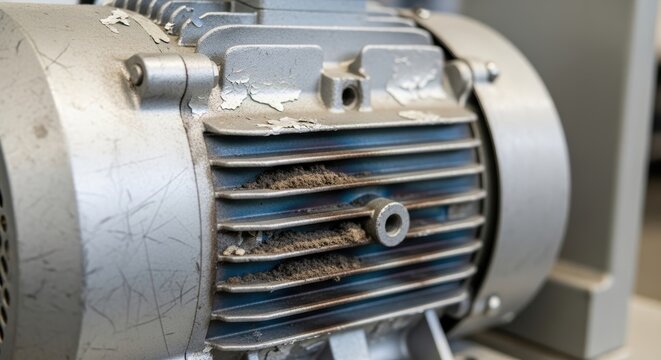 Electric motor with dust accumulation on ventilation slots in industrial environment