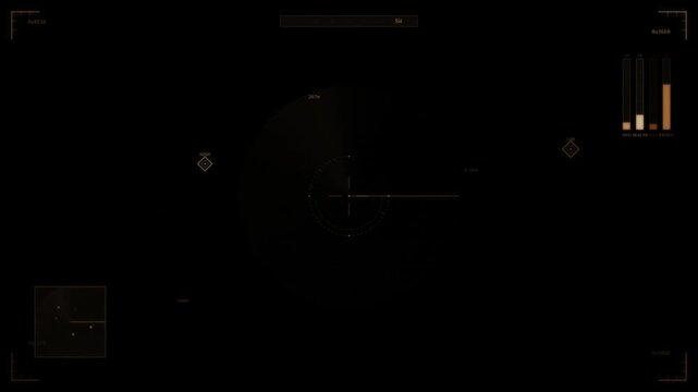 Futuristic military interface display with animated radar sweep and tactical data overlays on a dark screen.