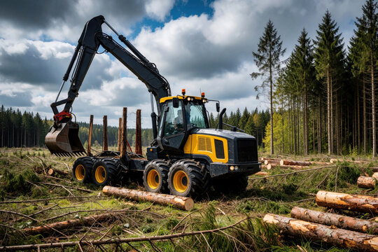 Forestry forwarder machine operates in felled woods clearing. Heavy equipment transports cut logs after timber harvesting. Industrial logging vehicle works on debris laden ground.