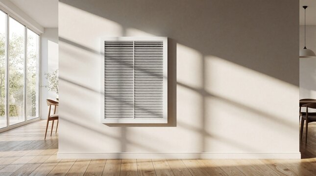 Modern white steel ventilation grid mounted on wall in minimalist room. Interior air vent removes heat, odors for fresh air. Sunlight creates shadows on light wall, wooden floor in bright