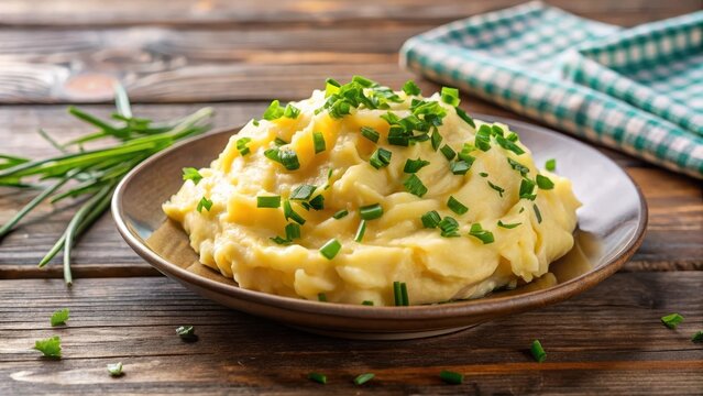 Mashed potato with cheese and chives on a plate, home cooking, food