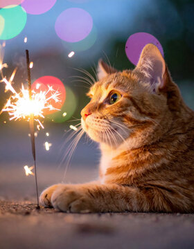 Tabby cat watching glowing sparkler with wonder, warm light illuminating whisker and fur against dark background