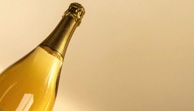 Sparkling wine bottle golden glass closeup celebration beverage cork neck warm background