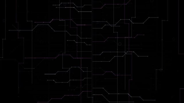 Intricate network of thin lines forms a circuit board pattern on a dark background for looping overlay use.