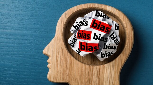Wooden head silhouette contains crumpled paper balls with the word bias printed repeatedly. Represents internal mental conflicts or flawed thinking processes. Mind filled with prejudice.