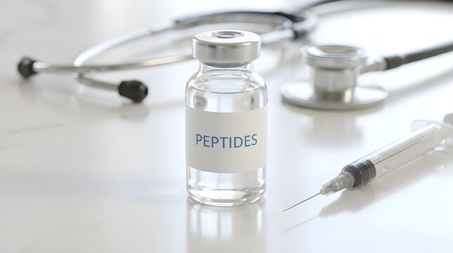 Medical Glass Vial with Peptide Label Beside Syringe and Stethoscope on a Clean White Table Surface