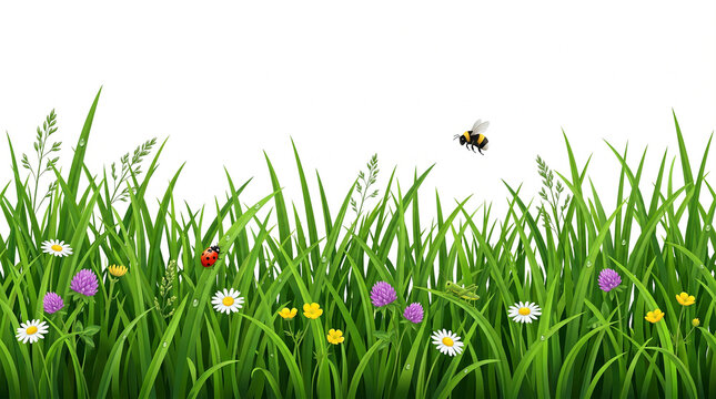 Green grass lawn with wildflowers, bee, and ladybug seamless horizontal border isolated on white background vector illustration