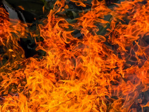 Vibrant and blazing fire flames texture background with glowing orange and yellow sparks.