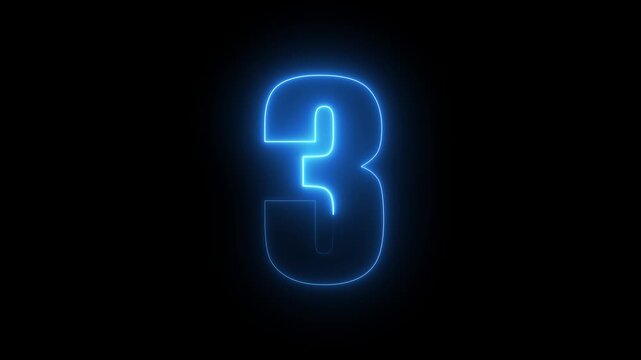 Neon blue glowing number 3 countdown timer animation on black background