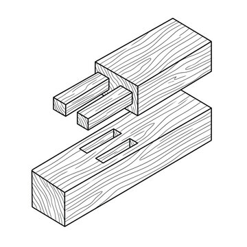 Isometric Double Tenon and Mortise Wood Joinery Diagram, Black and White Line Art Illustration