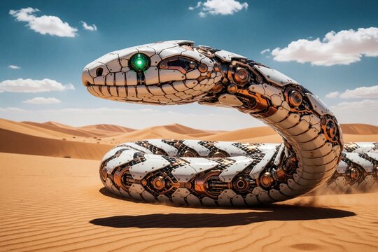 Giant metallic snake rests across vast desert dunes under blue sky. Sci-fi robot creature explores arid wasteland terrain. Futuristic machine in sand environment.