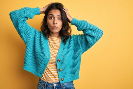 Young woman holds head with hands. She looks confused and stressed. Her mouth is slightly open in surprise. She wears a blue cardigan and jeans against a yellow background.