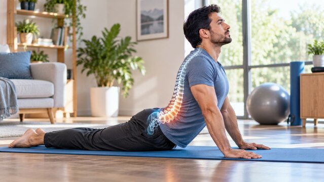 Man performs cobra pose on yoga mat to improve spine flexibility and relieve back pain.