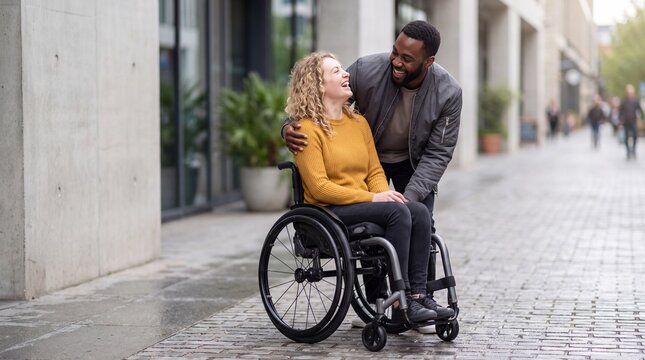 Joyful interracial couple laughing on city street, disabled woman in wheelchair with her supportive partner.
