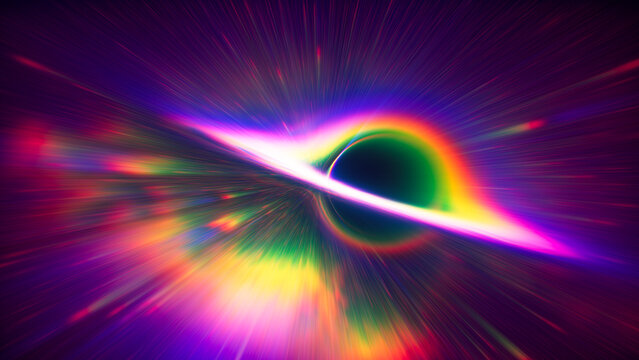 Traveling to massive black hole at speed of light. Light bends and stretches into radiant trails. Journey beyond ordinary edge of reality. High speed approach toward the event horizon. 3d render