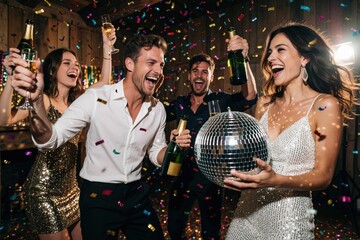 Naklejka premium Friends celebrate with champagne and disco ball, dancing amid falling confetti. People enjoy a lively night party with music and drinks, sharing moments of pure joy and togetherness.