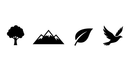 Fototapeta premium Nature Icons Set: Tree, Mountains, Leaf, Bird Silhouette Collection, Vector Graphics