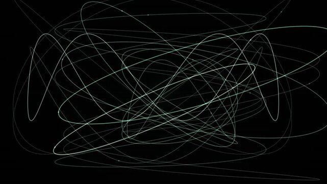 Thin white and green lines create a looping abstract background overlay on a black canvas.