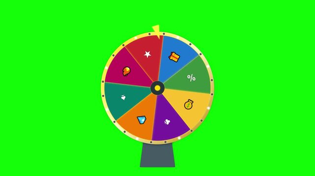 Spinning Luck Wheel with Colorful Segments on Green Screen