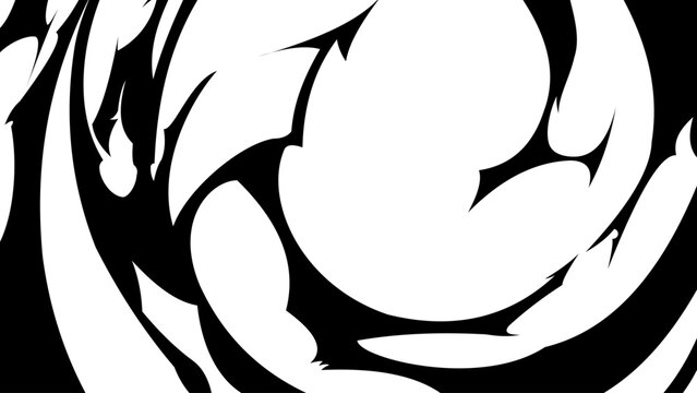 Abstract black curved shapes with sharp jagged edges forming dynamic swirling motion on white background. Comic and manga style effect for graphic design overlay and action accent.