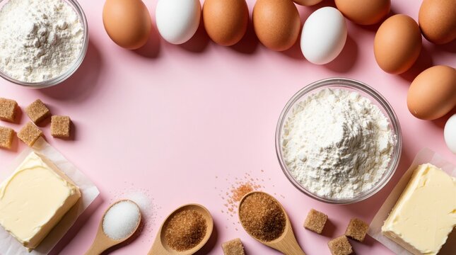 Baking ingredients laid out on pink surface. Flour eggs butter and sugar ready for recipe preparation. Sweet pastry homemade dessert preparation still life.