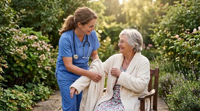 compassionate interaction between healthcare professional and elderly woman in tranquil garden setting supporting elder care and