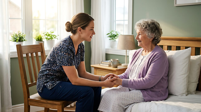 heartwarming moment of care between young woman and elderly lady sharing emotional support in cozy home setting