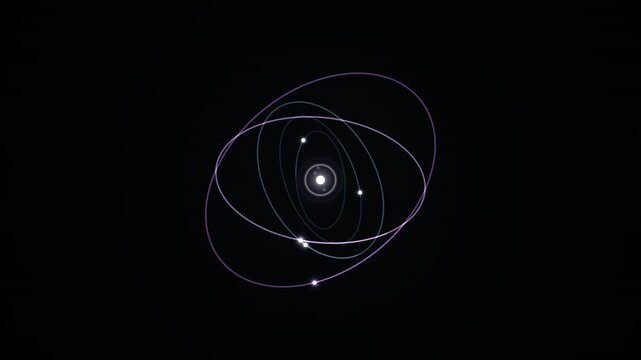 Orbital paths of celestial bodies create a luminous looping background on a dark canvas.