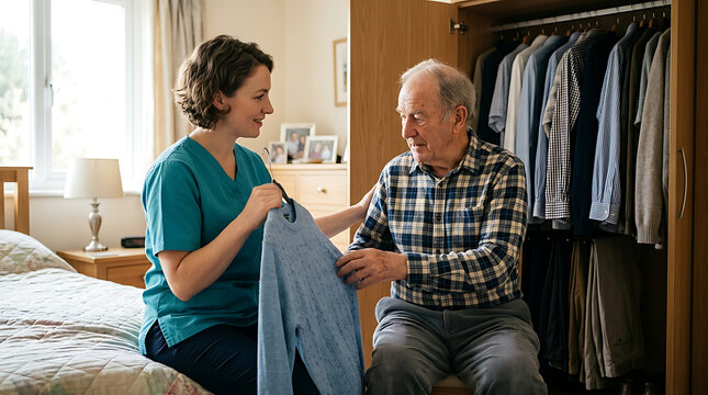 Caregiver Assisting Elderly Man Organizing Wardrobe for Better Living Environment