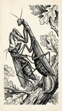 Praying Mantis Cannibal Mating Female Consuming Male Ootheca Monochrome Vector