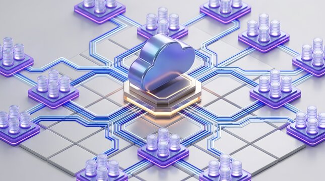 Abstract 3D render of a central cloud icon connected by glowing blue lines to distributed data storage nodes on a tiled surface