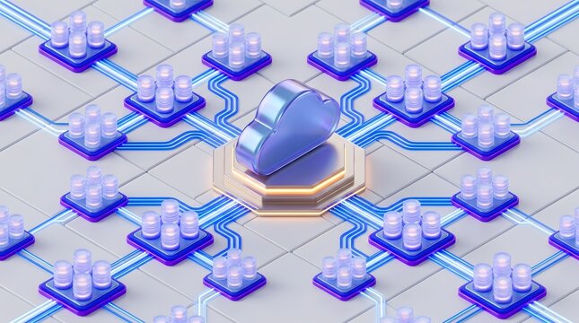 Abstract 3D network of glowing data servers connected to a central cloud icon on a grid background representing cloud computing and data transfer