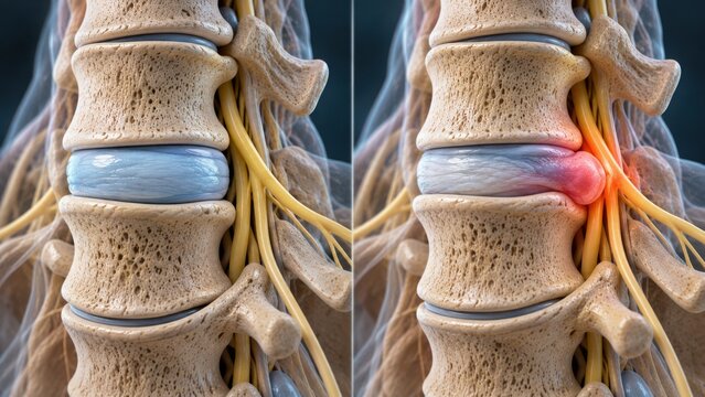 Medical comparison of a healthy lumbar spinal disc versus a herniated disc compressing a nerve.