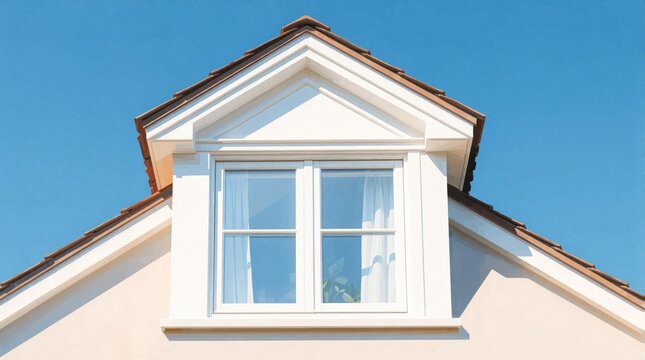 A dormer window detail on a house roof against clear blue sky. Clean architectural element with white trim and shutters, bright sunny day. Exterior view of home.