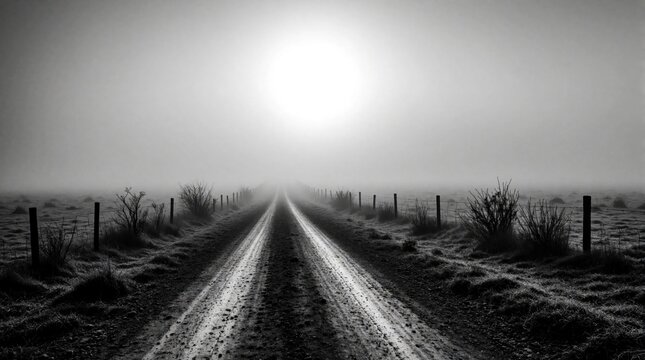 Monochrome country dirt track vanishes into thick mist. Rural path goes through desolate fields toward sun obscured by fog. Loneliness, mystery, and uncertain journey.