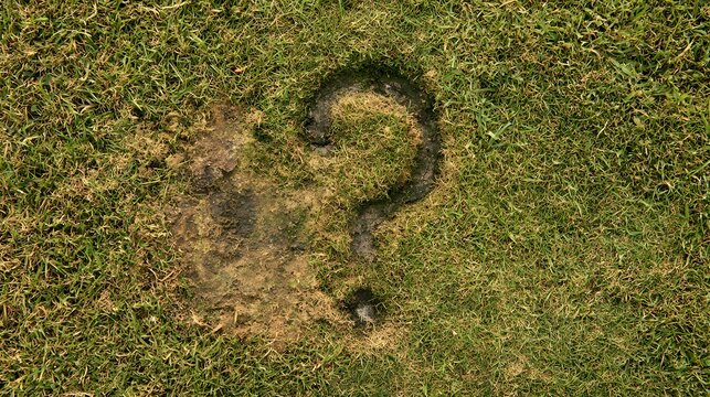 A question mark shape carved into vibrant green grass outdoors. This conceptual image represents mystery and uncertainty in nature.
