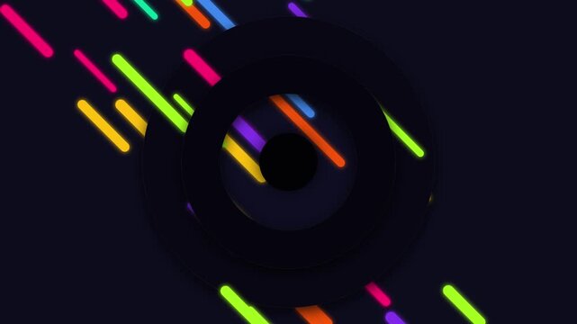 Neon colorful diagonal light trails over concentric dark circles vector pattern