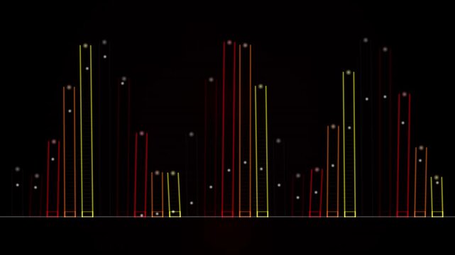 A dark background with vertical red and yellow lines forming a looping abstract pattern.