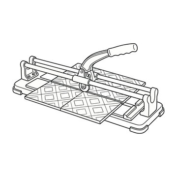 Professional Manual Tile Cutter Tool with Patterned Ceramic Tile Illustration - Line Art Vector Style for Construction and Renovation Projects