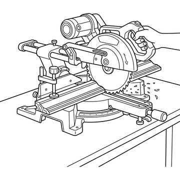 Professional Sliding Compound Miter Saw Illustration, Woodworking Power Tool Line Art for Coloring Book or Technical Manual, Carpentry DIY Concept
