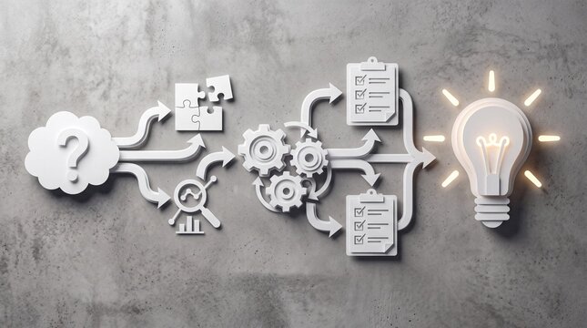 Abstract 3d process flow with question mark leading to gears, checklists and finally a glowing lightbulb idea on concrete background, representing problem solving and innovation
