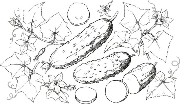 Hand drawn cucumber vector illustration composition featuring fresh whole vegetables slices blooming flowers and organic farming leaves