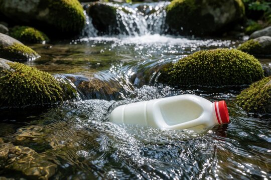White plastic milk jug floats in clear stream water over moss covered rocks near cascading waterfall. Environmental pollution impacts nature, harming aquatic ecosystems and waterways.